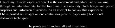 One of my favorite aspects of travel is the excitement and adventure of walking
through an unfamiliar city for the first time. Each new city block brings unexpected
surprises and unforseen diversions. As an attempt to convey this experience, 
I have printed six images on one continuous piece of paper using traditional 
darkroom techniques. 

	                            The prints are 15 inches tall and 8 feet long.  